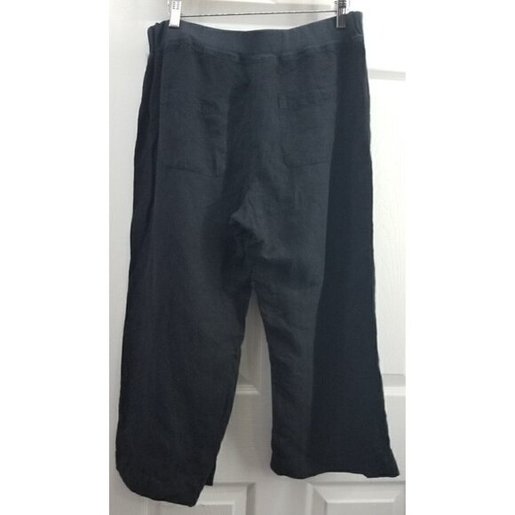 Spirit Linen Blend Navy Wide leg Cropped pants Sz Med.  Comfort Waist Split Hem - Picture 2 of 9